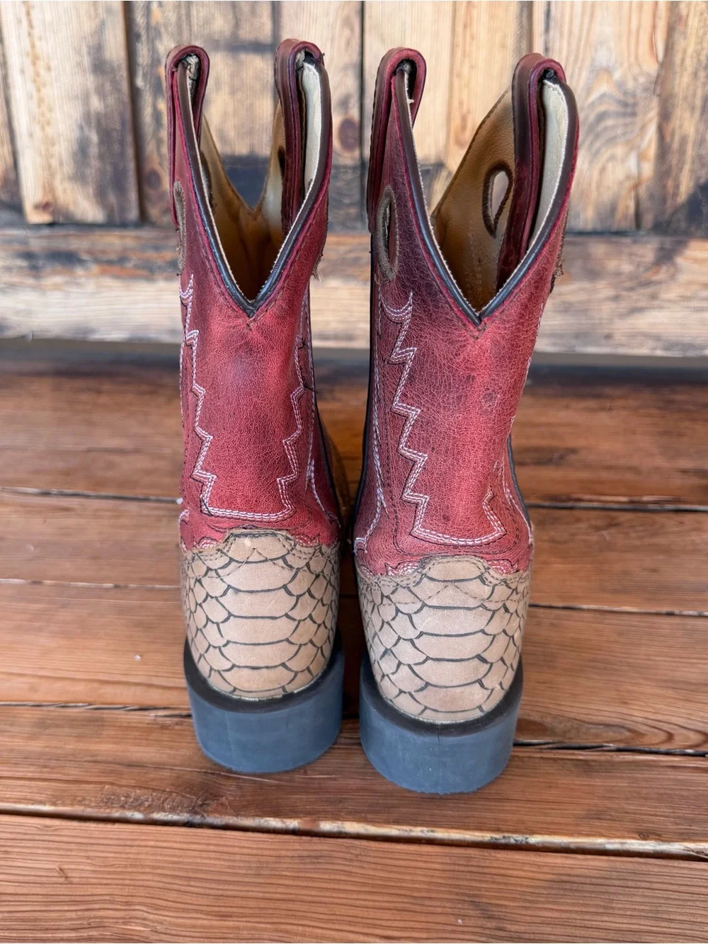 Kids Smoky Mountain Viper Print Sq Toe Western Boot 3072C Red/Brown Size 12.5